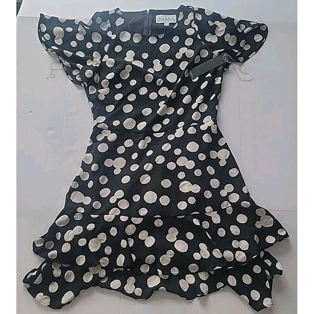Nicole Miller‎ Studio Black Size 6 White Polka Dot Ruffle Skirt Dress